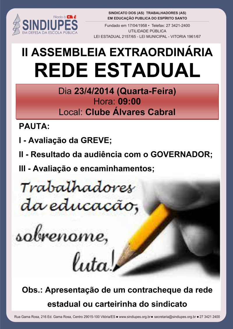Profissionais da Educação se Encontram amanhã em Vitória para decidir os rumos da Greve