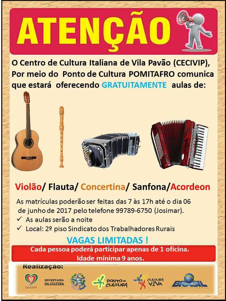 Matriculas para aulas de violão, flauta, concertina, sanfona e acordeon terminam hoje