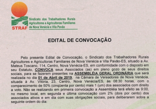 Edital de Convocação. Sindicato dos Trabalhadores Rurais, Agricultores e Agricultoras Familiares de Nova Venécia e Vila Pavão (STRAF)